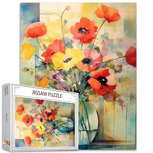 Tucocoo Aquarell-Mohnblumen-Puzzles für Erwachsene, 1000 Teile, Vase mit buntem Kunst-Puzzle, Blume, Bastelpuzzles für Heimdekoration, Geschenke, Familienpuzzle, perfekt für Spielabende von Tucocoo