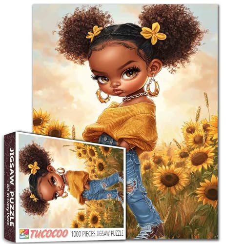 Tucocoo Cooles Puzzle für schwarzes Mädchen, 1000 Teile, Afro-Kunstpuzzle für Erwachsene, DIY-Sonnenblumenfeld für Heimdekoration, Geschenke, Familienpuzzle für Spieleabende von Tucocoo