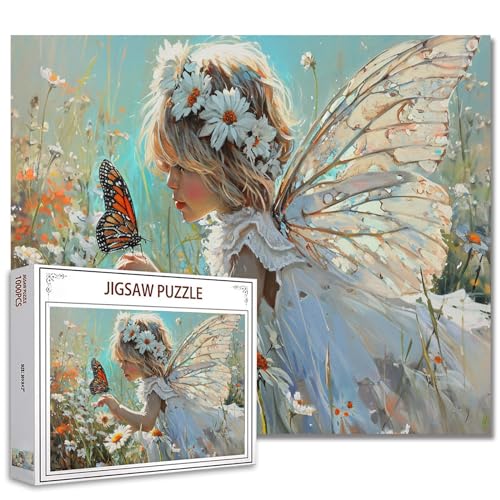 Tucocoo Engel kleines Mädchen Puzzle für Erwachsene 1.000 Stück, Gänseblümchen Blumen Schmetterlingskunst, Puzzle 70 x 50 cm Do-it-Yourself-Puzzle für Heimtextilien Geschenke, Familienpuzzle perfekt von Tucocoo