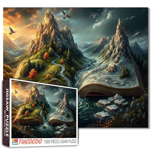 Tucocoo Fantasy Mountain Puzzle für Erwachsene, Flusslandschaft fließt aus offenem Buch, skurrile Naturszene Puzzle für Entspannung, Familienspiele, Nacht, Zuhause, Wanddekoration, 68 x 50 cm von Tucocoo