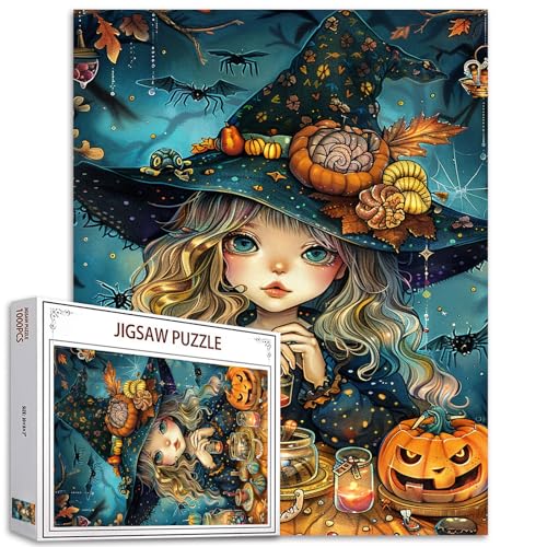 Tucocoo Halloween-Puzzle, Kürbis-Mädchen-Puzzle, 1000 Teile, Puzzles für Erwachsene, Hexenhut, schöne Mädchen-Kunst-Puzzles für anspruchsvolle Familienaktivitäten, buntes DIY-Puzzle für von Tucocoo