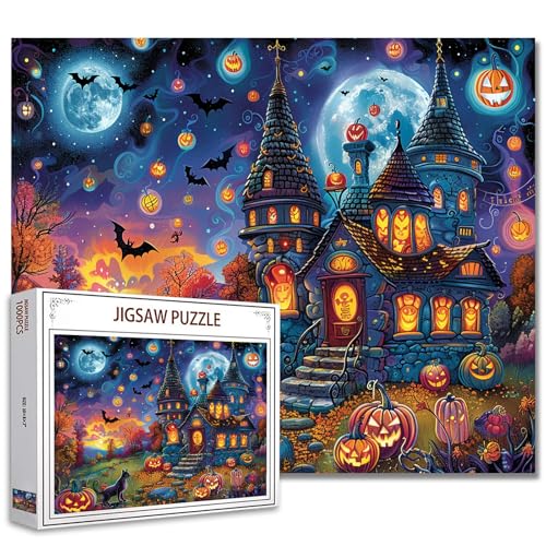 Tucocoo Halloween-Schloss-Puzzle, 1000 Teile, Puzzles für Erwachsene, Halloween-Nacht-Fledermaus-Kürbis-Kunst-Puzzles für anspruchsvolle Familienaktivitäten, buntes DIY-Handarbeitspuzzle für von Tucocoo