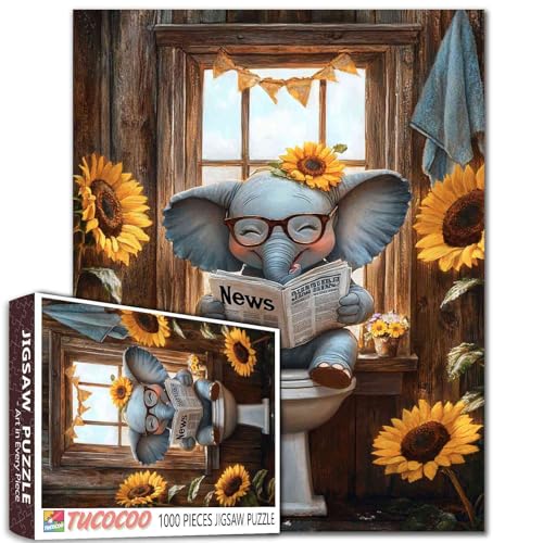 Tucocoo Happy Elephant Puzzles 1000 Teile Bauernhaus Tier sitzend auf Toilette Jigsaw Puzzle für Erwachsene Rustikale Badezimmer Kunst Puzzles für anspruchsvolle Familienaktivität Spiel DIY Puzzle von Tucocoo