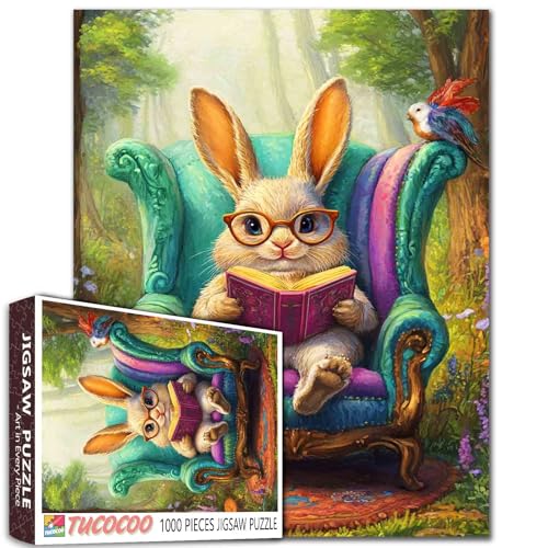 Tucocoo Kaninchen mit Brille Puzzle 1000 Teile Kaninchen Lesebuch Kunst Puzzles für Erwachsene, Waldtier Stuhl Puzzle für herausfordernde Familie Bildung Aktivität Spiele DIY Handwerk von Tucocoo