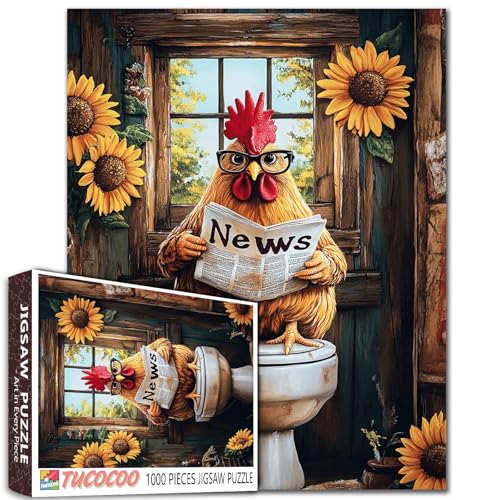 Tucocoo Lustiger Hahn auf Toilette 1000 Teile Puzzle für Erwachsene, Huhn mit Brille Lesen Zeitung und Sonnenblumen Jigsaw, Bauernhaus Badezimmer Wandkunst Puzzle Geschenk, Familienspiele von Tucocoo
