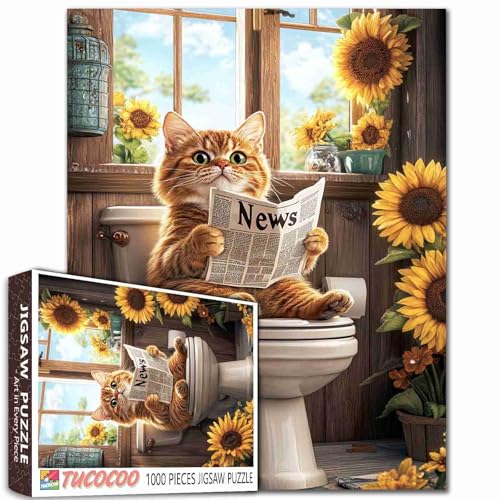Tucocoo Niedliche Katzenpuzzles 1000 Teile Tier sitzend auf Toilette Jigsaw Puzzle für Erwachsene Kätzchen Sonnenblumen Rustikale Kunst Puzzles für anspruchsvolle Familienaktivität Spiel DIY Handwerk von Tucocoo