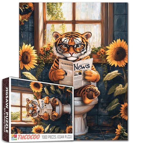 Tucocoo Niedlicher Tiger auf Toilette, Puzzle für Erwachsene, 1000 Teile, lustige Tierbrille, Lese-Zeitung und Sonnenblumen, Lernspielzeug für Teenager, skurriles Badezimmer-Wandkunst-Puzzle, Geschenk Tucocoo Niedlicher Tiger auf Toilette, Puzzle für Erwachsene, 1000 Teile, lustige Tierbrille, Lese-Zeitung und Sonnenblumen, Lernspielzeug für Teenager, skurriles Badezimmer-Wandkunst-Puzzle, Geschenk von Tucocoo