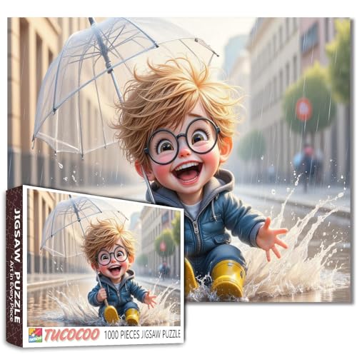 Tucocoo Niedliches Cartoon-Puzzle für Erwachsene, kleiner Junge mit Brille, der im Regen spielt, skurrile glückliche Szenen-Puzzle, Heimdekoration, lustiges Geschenk für regnerische Tage für Tucocoo Niedliches Cartoon-Puzzle für Erwachsene, kleiner Junge mit Brille, der im Regen spielt, skurrile glückliche Szenen-Puzzle, Heimdekoration, lustiges Geschenk für regnerische Tage für von Tucocoo