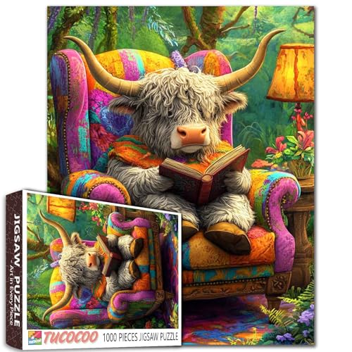 Tucocoo Niedliches Hochlandkuh-Puzzle, 1000 Teile, Tier-Lesebuch-Puzzles für Erwachsene, buntes Stuhl, Waldkunst-Puzzle für anspruchsvolle Familienbildung, Aktivitätsspiele, Bastelarbeiten, Geschenk, von Tucocoo