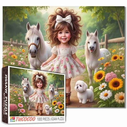 Tucocoo Niedliches kleines Mädchen 1000 Teile Puzzle für Erwachsene, Landmädchen, weiße Ponys, Welpen, Blumenweg, Vintage-Farm-Szene für Familienspiele, anspruchsvolle Puzzles, rustikale Wandkunst Tucocoo Niedliches kleines Mädchen 1000 Teile Puzzle für Erwachsene, Landmädchen, weiße Ponys, Welpen, Blumenweg, Vintage-Farm-Szene für Familienspiele, anspruchsvolle Puzzles, rustikale Wandkunst von Tucocoo