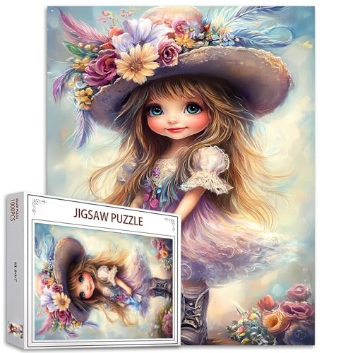 Tucocoo Niedliches kleines Mädchen-Puzzles für Erwachsene, 1000 Teile, Blumenhut, Fantasie-Kunst-Puzzle, buntes Bastelpuzzle für Heimdekoration, Geschenke, Familien-Puzzle, perfekt für Spieleabende von Tucocoo