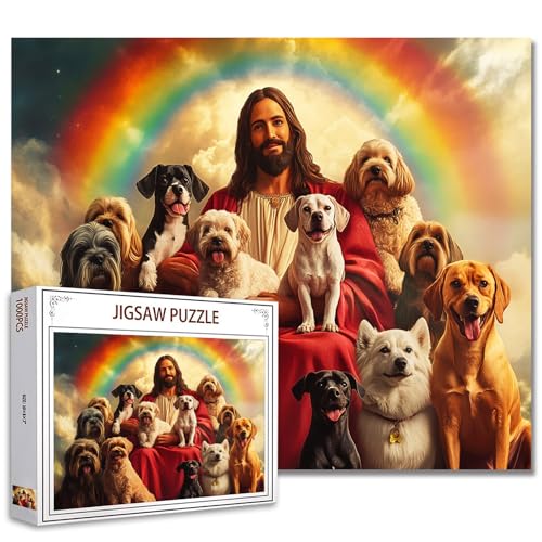 Tucocoo Jesus im Himmel Puzzle für Erwachsene - 1000 Teile, Hunde, Tiere, Religionen, Regenbogen-Kunst - Buntes DIY für Heimdekoration, Geschenke, Familie - Perfekt für Spieleabende von Tucocoo
