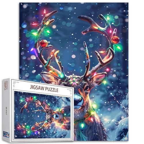 Tucocoo Rentier-Weihnachtspuzzle, 1000 Teile, Puzzles für Erwachsene, farbige Lichter, Wald, Winter, Kunst-Puzzles für anspruchsvolle Familienaktivitäten, Bastelpuzzle für Heimdekoration, Geschenke von Tucocoo