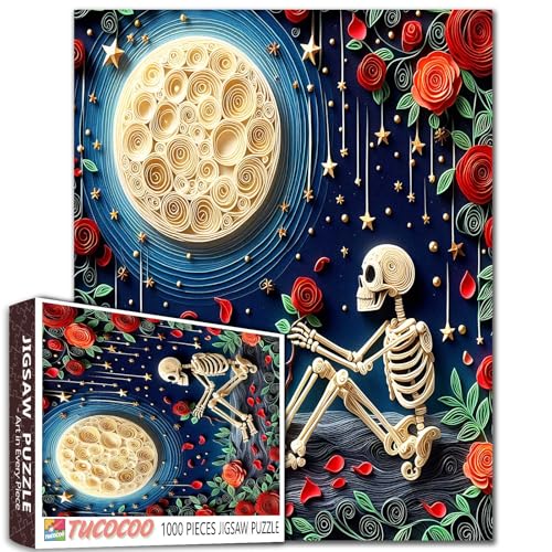 Tucocoo Romantisches Skelett-Puzzle für Erwachsene, 1000 Teile, Totenkopf mit Rose, Vollmond-Puzzles, entspannende florale Nachtszene, herausforderndes Puzzle für Familienspiel, Nacht, Stressabbau Tucocoo Romantisches Skelett-Puzzle für Erwachsene, 1000 Teile, Totenkopf mit Rose, Vollmond-Puzzles, entspannende florale Nachtszene, herausforderndes Puzzle für Familienspiel, Nacht, Stressabbau von Tucocoo