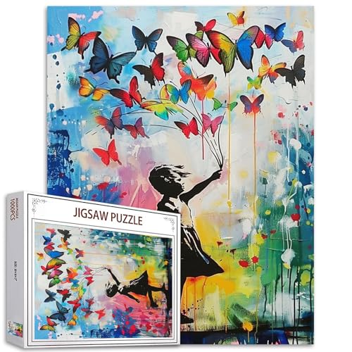 Tucocoo Puzzle für Erwachsene, 1 000 Teile, Schmetterlinge, kleines Mädchen, Banksy, Street Art-Stil, bunt, Heimdekoration, Familienpuzzle, perfekt für Spieleabende von Tucocoo