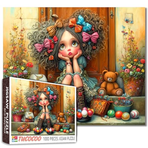 Tucocoo Skurriles Mädchen mit Schleifen Puzzle für Erwachsene 1000 Teile Fantasy Kunst Puzzle mit lockigem Haar Niedliche Spielzeuge Lebendige Blumen verträumtes dekoratives Puzzle für Entspannung und von Tucocoo
