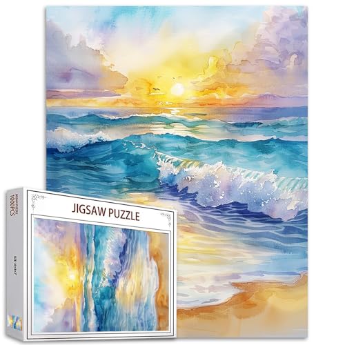 Tucocoo Sunrise Beach Puzzle 1000 Teile Puzzles für Erwachsene, Wellen, Landschaft, Aquarell-Stil, Kunstpuzzles für anspruchsvolle Familienaktivitäten, buntes Bastelpuzzle für Heimdekoration, von Tucocoo