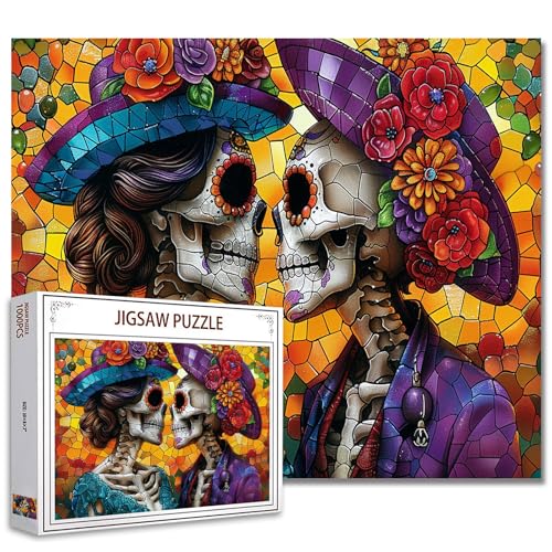 Tucocoo Tag der Toten Totenkopf Puzzles für Erwachsene 1000 Teile, Romantische Braut und Bräutigam Buntglas-Stil Kunst DIY Puzzles für Heimdekoration Geschenke Familienpuzzle Perfekt für Spieleabende von Tucocoo