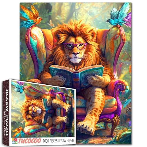 Tucocoo Tier-Puzzle sitzend im Stuhl, Löwe mit Brille, Lesebuch, Kunstpuzzles für Erwachsene, buntes DIY-Puzzle für anspruchsvolle Familienbildung, Aktivitätsspiele, Heimdekoration, Geschenke von Tucocoo