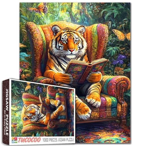 Tucocoo Tiger Puzzle sitzend auf einem Stuhl mit 1000 Teilen, Waldschmetterlings-Puzzle für Erwachsene Tiere Lesen Buch Kunst Basteln Puzzle für Heimdekoration Geschenke, Familienpuzzle von Tucocoo