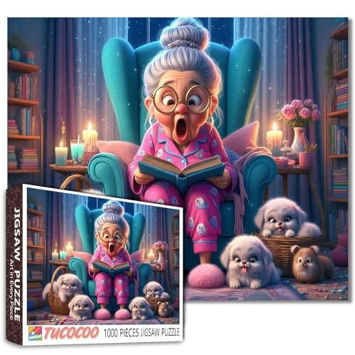 Überraschte Oma Alte Frau Puzzles 1000 Stück für Erwachsene Bücher Welpen Bücherregale Kerzen Sternenhimmel Puzzles Geeignet für alle Spielzeug Enthusiasten Familienaktivität Perfekt für Spielnacht von Tucocoo