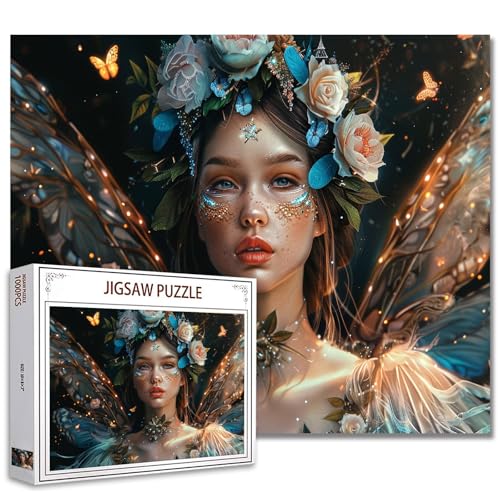 Waldprinzessin Puzzles 1000 Stücke für Erwachsene Familien (Fee Mädchen Schmetterlingsflügel Rose Tropische Pflanzen) Stücke passen perfekt zusammen Weibliche Frameable Magic Puzzle Kunst Geschenk von Tucocoo
