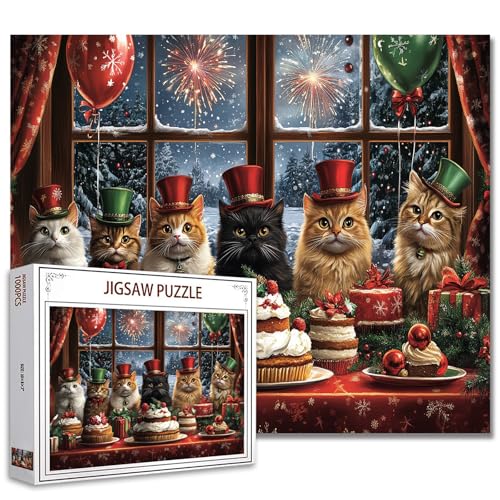 Weihnachten Katze Puzzles für Erwachsene Anfänger 1000 Puzzle Kunst für Heimdekoration Geschenke Familie Puzzle perfekt für Spiel-Nächte 20x27 Zoll von Tucocoo