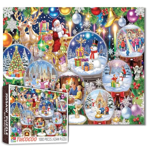 Weihnachts-Schneekugel-Puzzle, 1000 Teile, 50,8 x 68,6 cm, Feiertagsfeier, Familientreffen, Weihnachtsmann, Weihnachtsbaum, Kamin, Rentier, Schneemann, Winter, festliche Jahreszeit, Innenbereich, Spaß Weihnachts-Schneekugel-Puzzle, 1000 Teile, 50,8 x 68,6 cm, Feiertagsfeier, Familientreffen, Weihnachtsmann, Weihnachtsbaum, Kamin, Rentier, Schneemann, Winter, festliche Jahreszeit, Innenbereich, Spaß von Tucocoo
