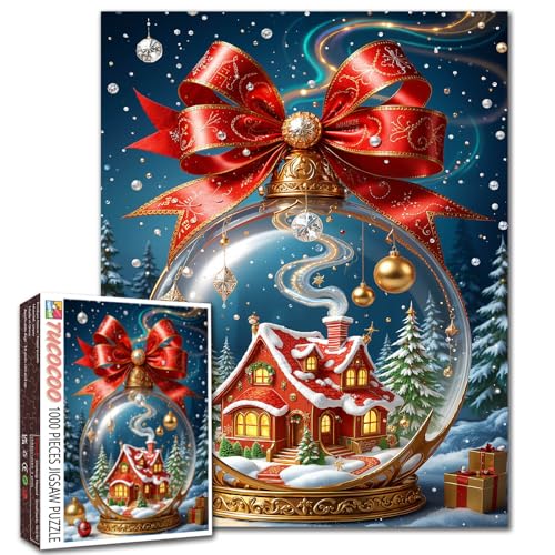 Weihnachtshaus-Puzzle, 1000 Teile für Erwachsene, Studenten, Winterschneeszenen-Puzzle, 50,8 x 68,6 cm, Urlaubsdekoration, rotes Häuschen in Glaskugel, Band, Nacht-Herausforderung, Spiel, verschneiter von Tucocoo