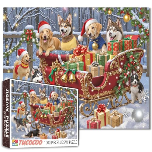 Weihnachtshunde-Puzzle, 1000 Teile für Erwachsene, Studenten, 50,8 x 68,6 cm, Winterschlitten, Geschenke, glückliche Welpen im Schnee, Urlaubsdekoration, lustiges Haustier-Puzzle, niedliche Hunde in Weihnachtshunde-Puzzle, 1000 Teile für Erwachsene, Studenten, 50,8 x 68,6 cm, Winterschlitten, Geschenke, glückliche Welpen im Schnee, Urlaubsdekoration, lustiges Haustier-Puzzle, niedliche Hunde in von Tucocoo