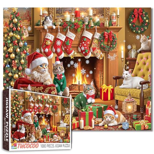 Weihnachtskatzen-Puzzle, 1000 Teile für Erwachsene, Studenten, 50,8 x 68,6 cm, Kamin, Weihnachtsbaumstrümpfe, Geschenke, niedliche Kätzchen in festlichen Outfits, entspannendes Spiel, Spaß, kreatives Weihnachtskatzen-Puzzle, 1000 Teile für Erwachsene, Studenten, 50,8 x 68,6 cm, Kamin, Weihnachtsbaumstrümpfe, Geschenke, niedliche Kätzchen in festlichen Outfits, entspannendes Spiel, Spaß, kreatives von Tucocoo