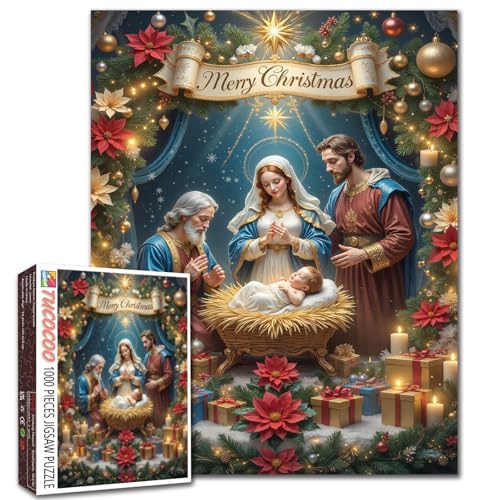 Weihnachtskrippen-Puzzle für Erwachsene, Studenten, 1000 Teile, Urlaubspuzzle, Krippe, Heilige Familie, Baby in Wiege, umgeben von Kerzen und Geschenken, religiöses Thema, 50,8 x 68,9 cm, für Weihnachtskrippen-Puzzle für Erwachsene, Studenten, 1000 Teile, Urlaubspuzzle, Krippe, Heilige Familie, Baby in Wiege, umgeben von Kerzen und Geschenken, religiöses Thema, 50,8 x 68,9 cm, für von Tucocoo