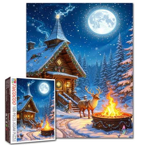 Weihnachtsnacht-Kabinen-Puzzle, 1000 Teile für Erwachsene und Studenten, 50,8 x 68,6 cm, Winter, Rentier, verschneiter Wald, Mondschein, Blockhaus, Lagerfeuer, Entspannungsspiel, saisonale Weihnachtsnacht-Kabinen-Puzzle, 1000 Teile für Erwachsene und Studenten, 50,8 x 68,6 cm, Winter, Rentier, verschneiter Wald, Mondschein, Blockhaus, Lagerfeuer, Entspannungsspiel, saisonale von Tucocoo