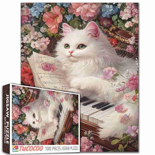 Weiße Katze liegend auf antikem Klavier Puzzle für Erwachsene 1000 Teile Garten Musikinstrumente Tier Kätzchen Kunst Puzzles für herausfordernde Familienaktivitätsspiele DIY Handwerk Puzzle von Tucocoo
