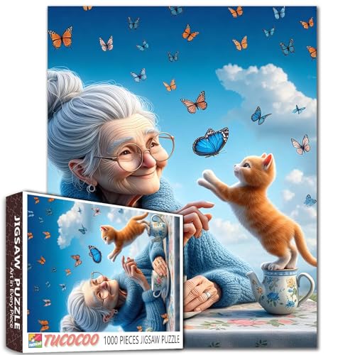 Weißhaarige alte Frau und Katze Jigsaw Puzzle 1000 Stück für Erwachsene Oma und Haustier Schmetterling Wolken Puzzles Beste für Familie Spiel Spiele Sammlung Aktivität perfekt für Spiel Nacht von Tucocoo