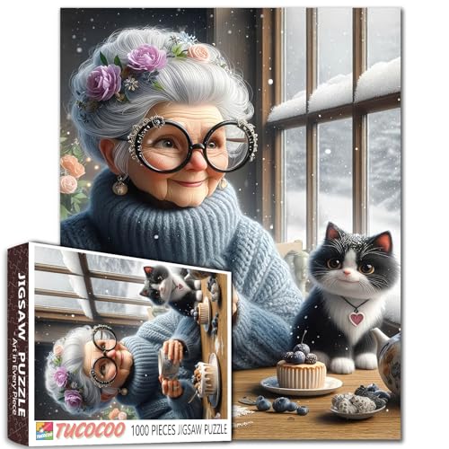 Weißhaarige alte Frau und Katze Jigsaw Puzzle für Erwachsene Oma tragen einen Pullover Schnee Tier Dessert Herausforderung für Familie oder Freund Spiel geeignet für alle Spielzeug Enthusiasten von Tucocoo