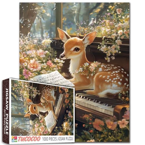 Wildlife Deer Sleeping On Antique Piano Jigsaw Puzzles for Adults 1000 Pieces Musical Instrument Piano Score Jigsaw Puzzle Art for Challenging Family Activity Game DIY Crafts Wall Decor Gifts von Tucocoo