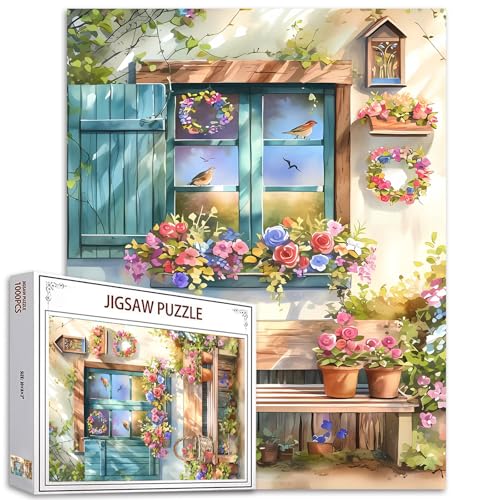 Window Bird Jigsaw Puzzles für Erwachsene 1000 Teile Buntes Blumenpuzzle Landleben DIY Puzzles für Home Decoration Geschenke, Lustiges Familienpuzzle Perfekt für Spieleabende, Geschenke für Mädchen von Tucocoo