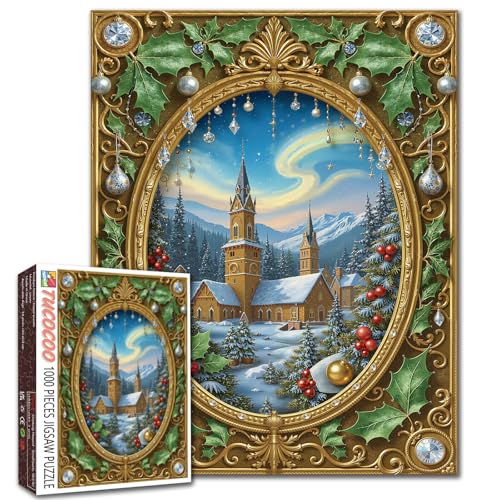 Winterkirchen-Puzzle, 1000 Teile für Erwachsene, Studenten, schneebedeckte Berge, Weihnachtslandschaft, Puzzle, 50,8 x 68,6 cm, Ferienzeit, Kunstwerk, Stechpalmenbeeren, Vintage-Rahmen, Nordlichter Winterkirchen-Puzzle, 1000 Teile für Erwachsene, Studenten, schneebedeckte Berge, Weihnachtslandschaft, Puzzle, 50,8 x 68,6 cm, Ferienzeit, Kunstwerk, Stechpalmenbeeren, Vintage-Rahmen, Nordlichter von Tucocoo