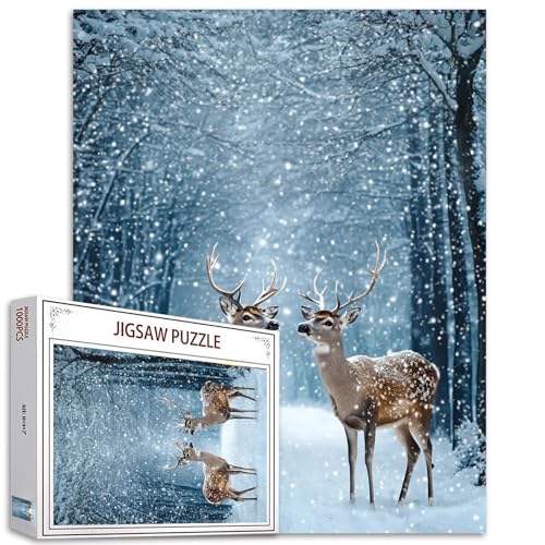 Winterlandschaft 1000 Teile Puzzle für Erwachsene Tier/Tierwelt Hirsch Gemälde Puzzle Nebelwald 1000 Teile Puzzle Spiel Heim Wanddekoration DIY Handwerk Frohe Weihnachten Puzzle Kunst Boho Geschenk von Tucocoo