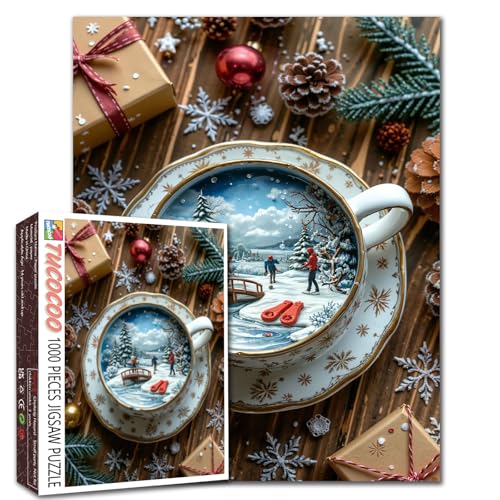 Winterszene Latte Puzzle 1000 Teile Puzzles für Erwachsene, Weihnachten Kaffee Kunst Puzzles für anspruchsvolle Familienaktivitätsspiele DIY Puzzle für Home Wall Decor - 20 x 27 Zoll von Tucocoo