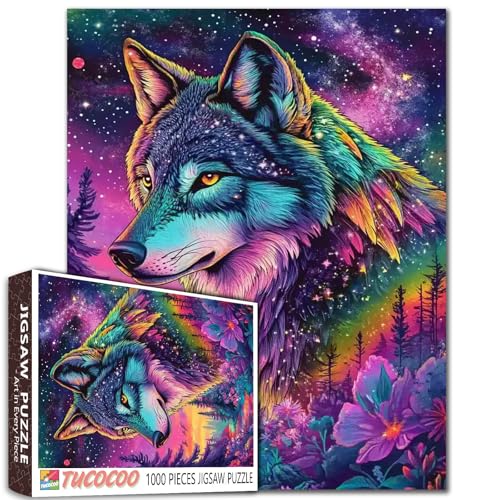 Wolf-Puzzle, 1000 Teile, Puzzles für Erwachsene, bunter Wald-Wolf mit Nachthimmel, Stern-Puzzles für anspruchsvolle Familienaktivitäten, DIY-Puzzle für Heimdekoration, 50,8 x 68,9 cm Wolf-Puzzle, 1000 Teile, Puzzles für Erwachsene, bunter Wald-Wolf mit Nachthimmel, Stern-Puzzles für anspruchsvolle Familienaktivitäten, DIY-Puzzle für Heimdekoration, 50,8 x 68,9 cm von Tucocoo