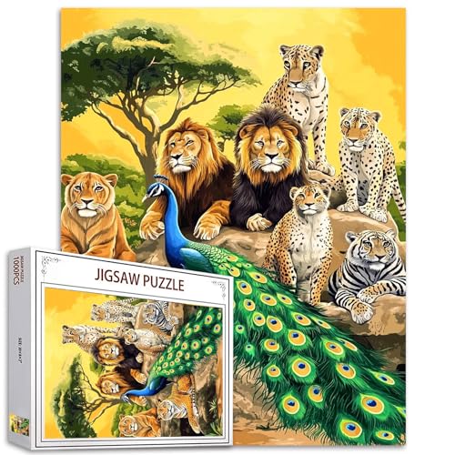 Wunderschönes Puzzle mit afrikanischen Savannentieren, 1000 Teile für Erwachsene, Löwe, Tiger, Leopard, Pfau, 50,8 x 68,9 cm, afrikanische Wildtiere, Puzzlekunst für natürliche Themenpuzzle-Liebhaber Wunderschönes Puzzle mit afrikanischen Savannentieren, 1000 Teile für Erwachsene, Löwe, Tiger, Leopard, Pfau, 50,8 x 68,9 cm, afrikanische Wildtiere, Puzzlekunst für natürliche Themenpuzzle-Liebhaber von Tucocoo