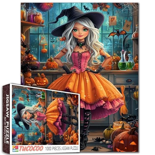 Wunderschönes magisches Hexen-Puzzle, 1000 Teile für Erwachsene, Studenten, Fantasie, Halloween-Kunst, weißes Haar, grüne Augen, Mädchen, Kürbisse, Tränke, Fledermäuse, Kerzen, Cartoon-Stil, 50,8 x Wunderschönes magisches Hexen-Puzzle, 1000 Teile für Erwachsene, Studenten, Fantasie, Halloween-Kunst, weißes Haar, grüne Augen, Mädchen, Kürbisse, Tränke, Fledermäuse, Kerzen, Cartoon-Stil, 50,8 x von Tucocoo