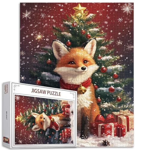 Xmas Fox Jigsaw Puzzles für Erwachsene 1000 Stück, Dschungel-Tiere Lowrie Jigsaw Puzzle Art 20 x 27 in bunten DIY-Puzzles für Home Decoration, Frohe Weihnachten Familie Puzzle perfekt für Spiel-Nächte von Tucocoo
