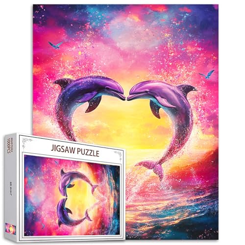 Zwei Delphine Herzförmige Puzzles für Erwachsene 1000 Teile, Liebe Rosa Sonnenuntergang Kunstpuzzle Bunte DIY Handwerk Puzzles für Home Decoration Geschenke Idee, perfekt Familie Puzzle Spiel Abende von Tucocoo