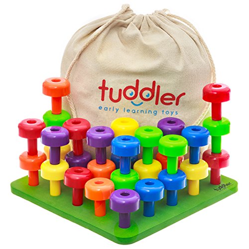 Tuddler Pegs Educational Board enthält eine Reihe von Hellen farbigen Stapeln/Montessori pädagogisches Spielzeug für Kinder + Pattern Card + Turnbeutel für die Lagerung des Spielzeugs + ebook von Tuddler