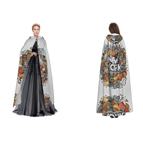 Cartoon-Umhang mit süßem New Yorker Thema, Kunst, Halloween, Kapuzenumhang, Hexe, Cosplay, Zubehör, Erwachsene/Kinder, Kostüm für Maskerade, Halloween, Familienfeier von Tuehbsvo