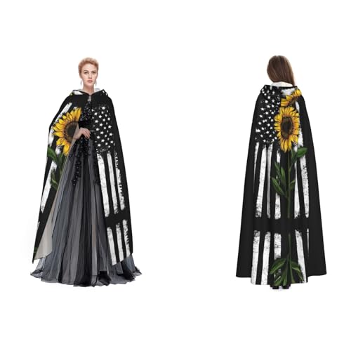Tuehbsvo Halloween-Kapuzenumhang mit Sonnenblume und amerikanischer Flagge, Hexe, Cosplay-Zubehör, Erwachsene/Kinder, Kostüm für Maskerade, Halloween, Familienfeier von Tuehbsvo