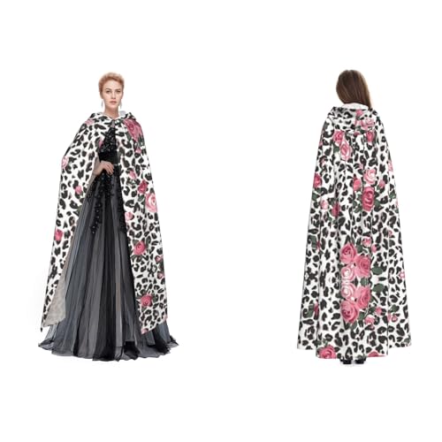 Tuehbsvo Rosa süßes Rosen-Mix Leopardenmuster Halloween Kapuzenumhang Hexe Cosplay Zubehör Erwachsene/Kinder Verkleidung Kostüm für Maskerade, Halloween, Familienparty von Tuehbsvo